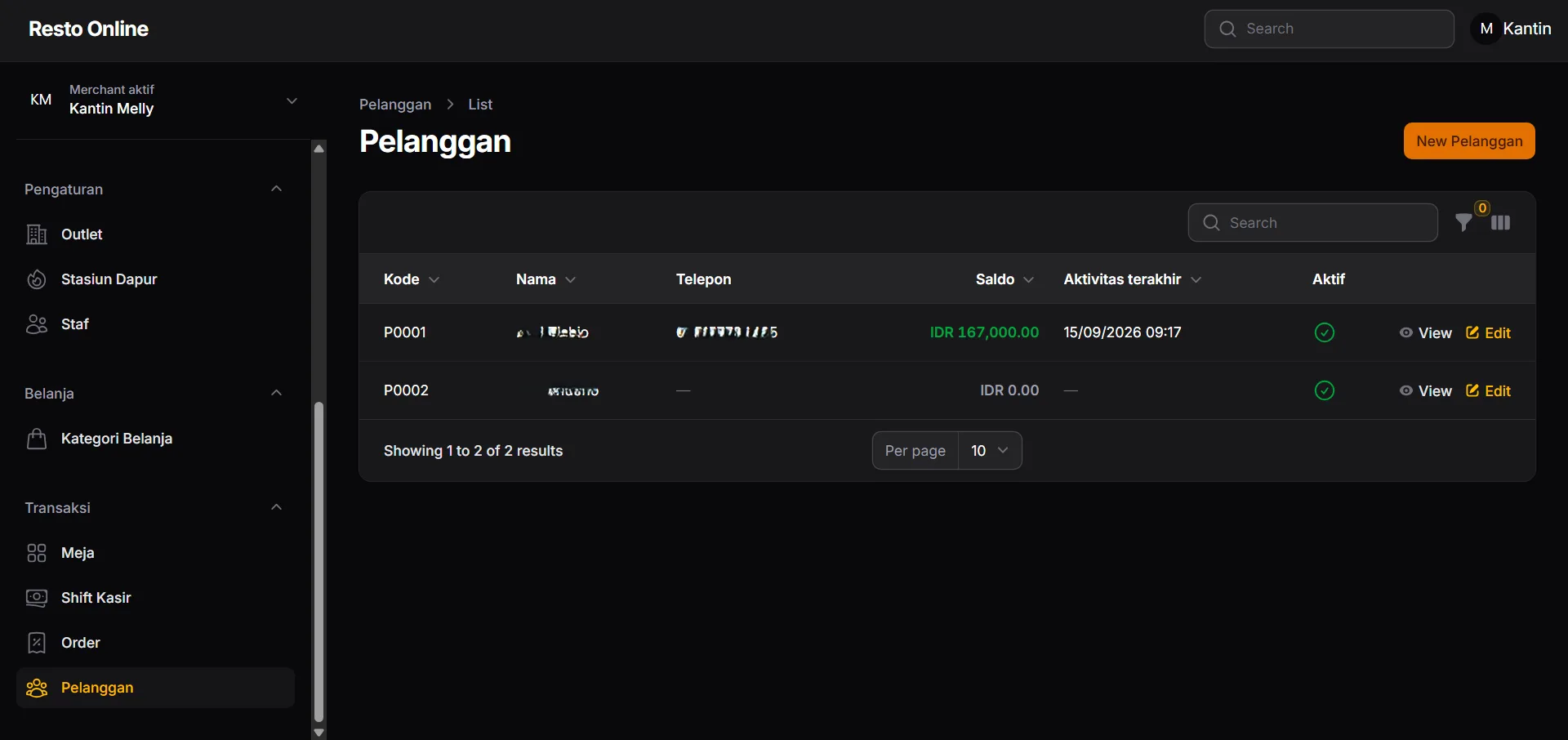 Layar pelanggan Kantin Pro berisi daftar nama dengan saldo masing-masing, sebagian minus